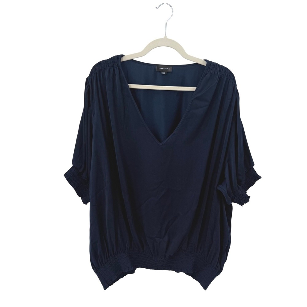 Summersalt Navy Blue V-Neck Smocked Sleeve‎ Blouson Top 2XL Recycled Polyester